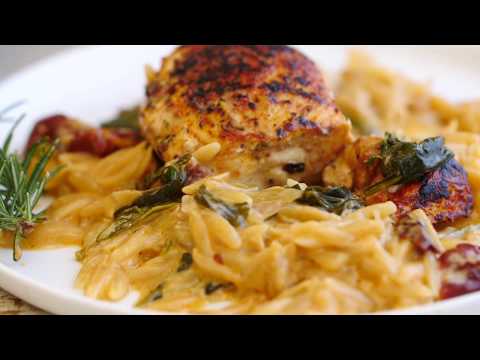 One skillet creamy sun dried tomato chicken and orzo