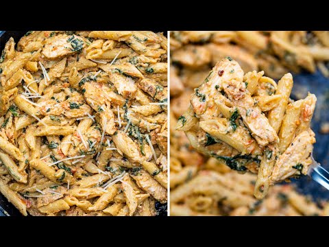 Creamy Garlic Chicken Pasta | with Tomato and Spinach